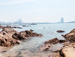 海边礁石与远处城市景观