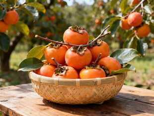 木桌上竹篮里的新鲜柿子