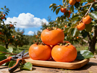 木盘上的新鲜柿子