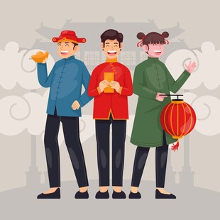 三人欢庆传统节日