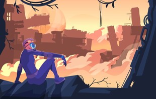 紫色角色坐于废土场景中