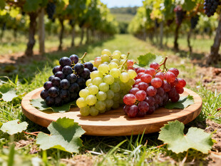 多彩葡萄置于田园木盘上