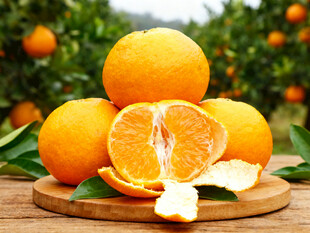 橙子堆叠在木盘上