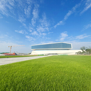 绿草如茵旁的现代建筑