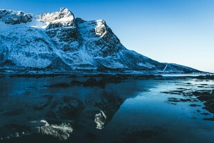 雪山倒映在平静湖面上