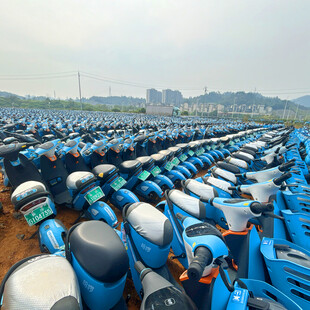 整齐排列的大批蓝色电动车