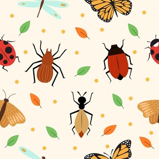多彩昆虫与秋叶图案背景