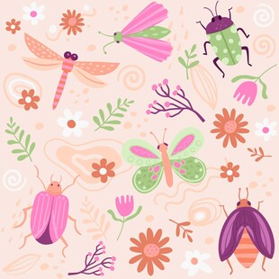 多彩昆虫与花卉插画