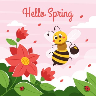 春天蜜蜂与花朵插画