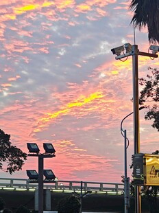 黄昏时城市道路旁绚丽天空