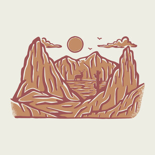 山川落日风景插画