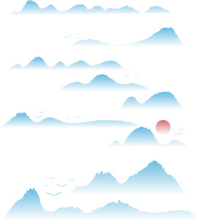 水墨群山间的红日美景