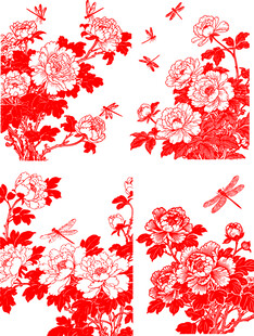 中式剪纸风牡丹花卉与飞鸟图案