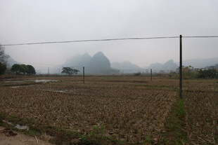 雾中田野与远山景色