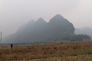 雾中田园与远山景色