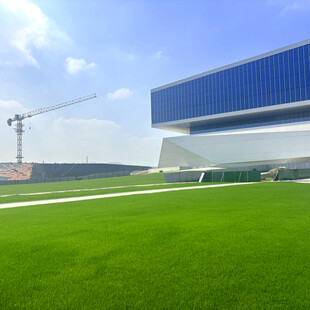 现代建筑旁的翠绿草坪