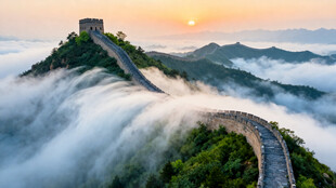日出云海中的雄伟长城