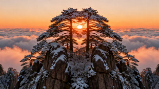 雪后黄山日出壮丽景观