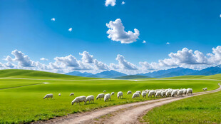 草原羊群漫步风景图