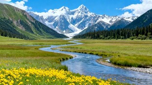 山间溪流旁的烂漫花海