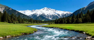 山间溪流旁的壮丽雪山景色