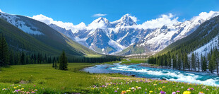 壮丽雪山下的翠绿山谷