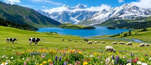 高山湖畔的牧场景色