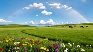 草原花海间的绚丽彩虹