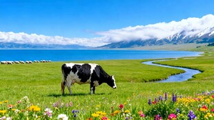 草原湖畔的悠闲奶牛