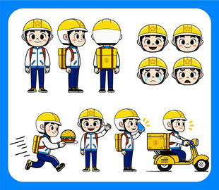 可爱卡通外卖员形象三视图