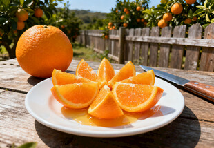 木桌上盘里的鲜切橙子