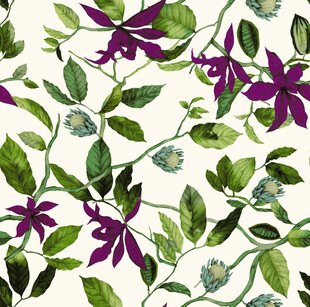 手绘紫色花卉绿叶图案