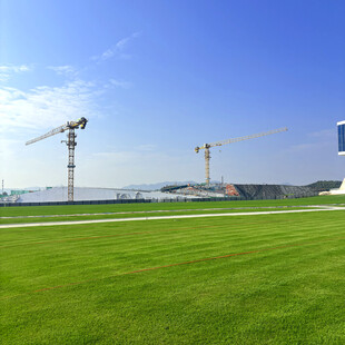 绿草如茵处的工地起重机