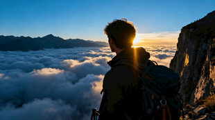 山顶观云海的孤独身影