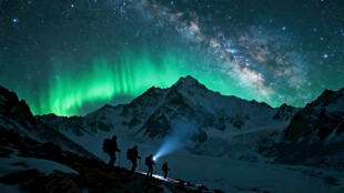 雪山夜空下的梦幻极光