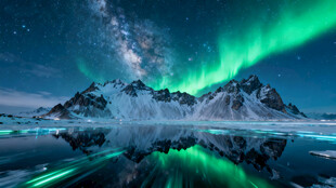 极光映照下的雪山奇幻美景