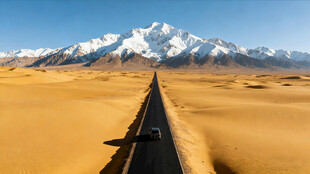 沙漠中延伸向雪山的铁轨