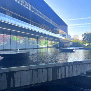 现代建筑旁的宁静水域