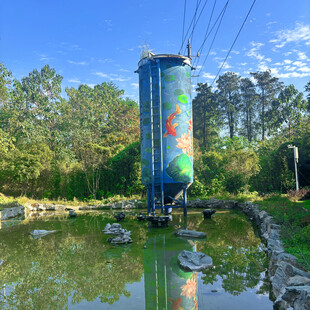 彩绘水塔映于绿水林间