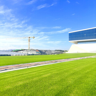 现代建筑旁的翠绿草坪