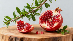 木盘上的新鲜切开石榴