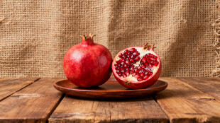 木盘上的鲜石榴与半剖果