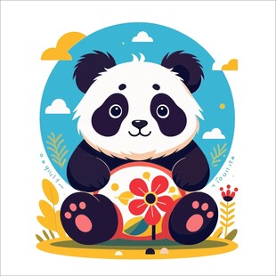 可爱熊猫手持花朵插画