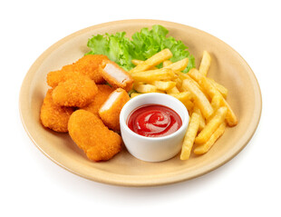 美味炸鸡配薯条与蘸酱