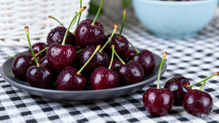 新鲜饱满的黑樱桃一盘