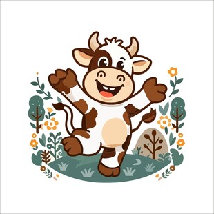 快乐小牛在花丛中欢跳