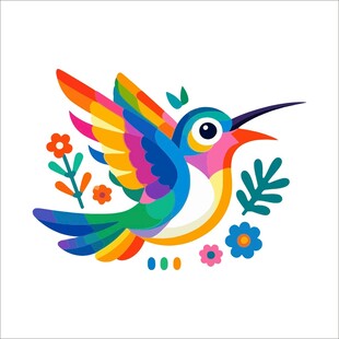 彩色蜂鸟与花卉插画