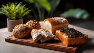 多样面包摆放在木托盘上