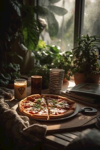 窗边美味披萨与绿植相伴