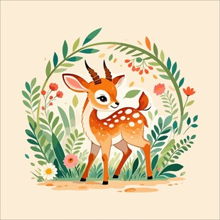 可爱小鹿置身花草环绕间
